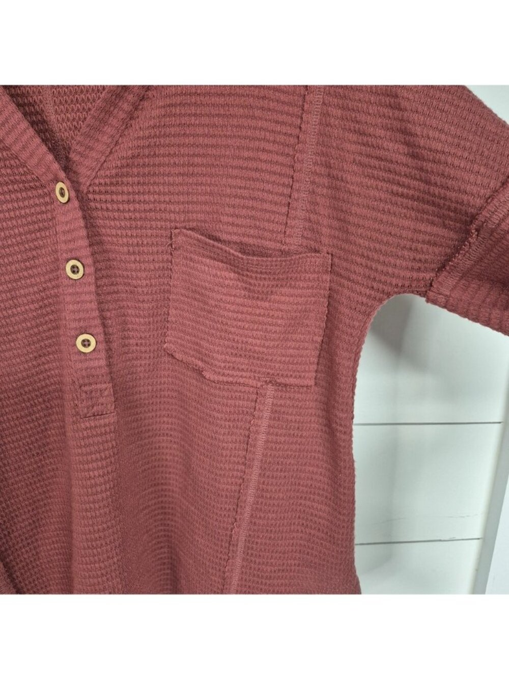 Waffle Knit Burgundy Hoodie With Button Detail & Front Pocket Long Balloon Sleev - Picture 2 of 9